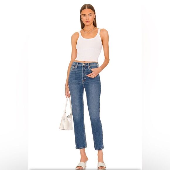 Re/Done NWT 70’s Stove Pipe Button Fly High Rise Straight Jeans in Dusted Blue - Picture 1 of 9